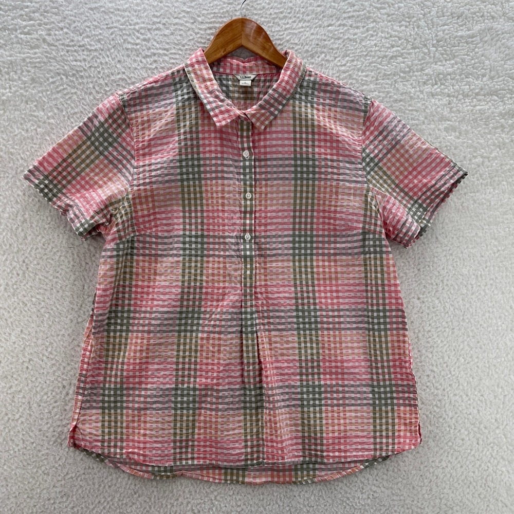 LL Bean Shirt Womens Large Pink Green Seersucker Vacationland Plaid Preppy Beach